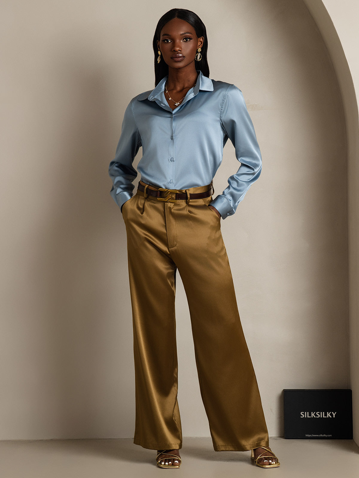 [Grayish Blue] SilkSilky-CA Silk Long Sleeve Collar Women's Shirt 005