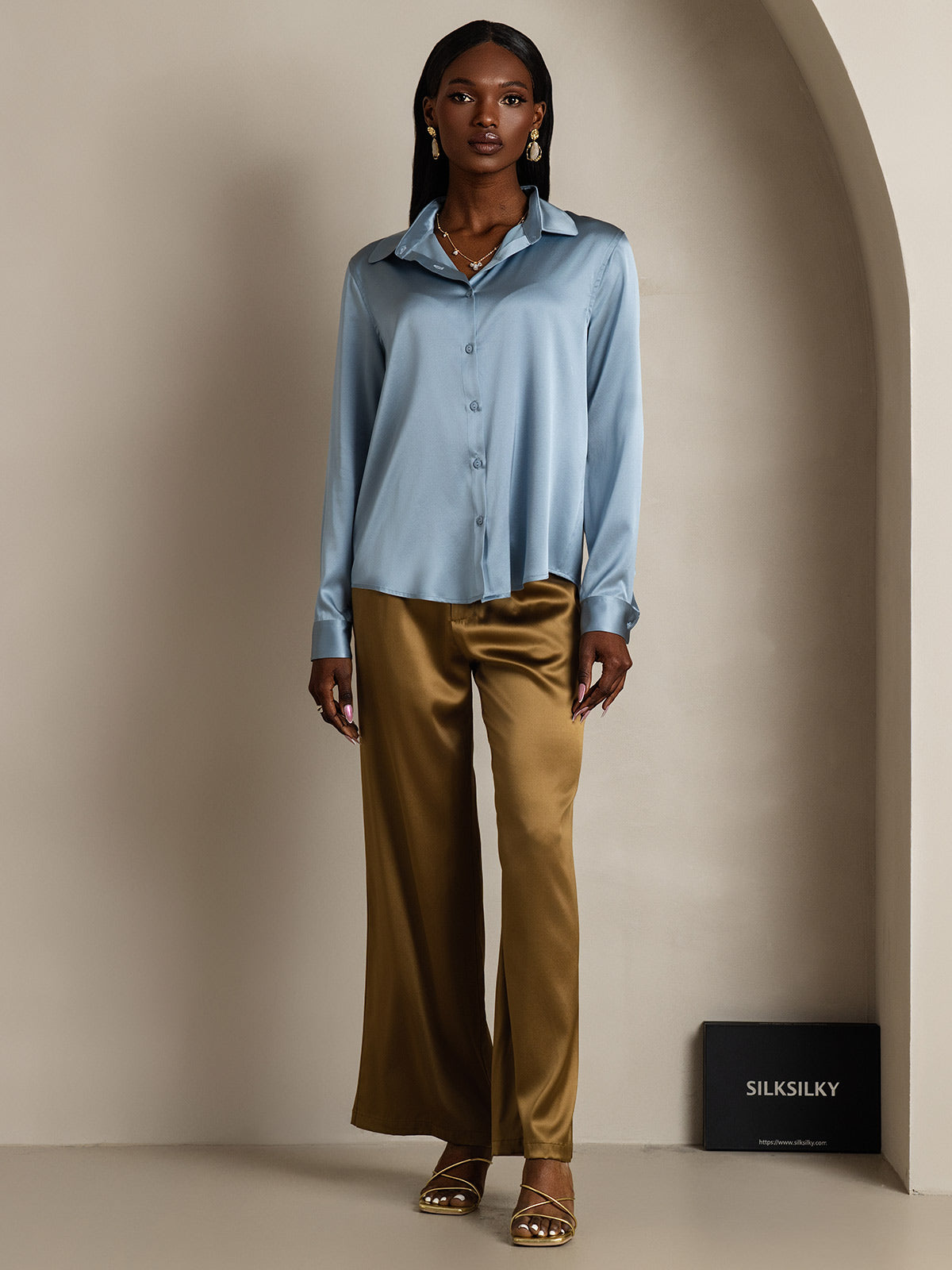 [Grayish Blue] SilkSilky-CA Silk Long Sleeve Collar Women's Shirt 006