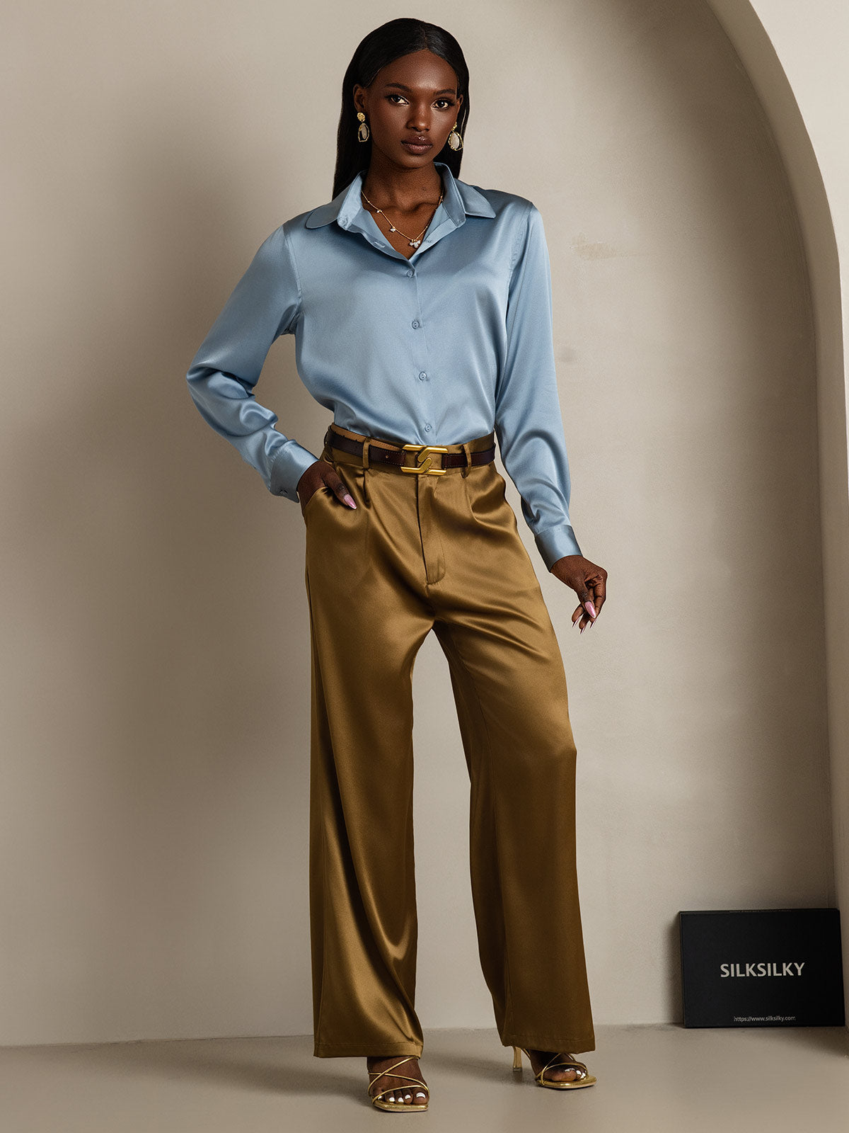 [Grayish Blue] SilkSilky-CA Silk Long Sleeve Collar Women's Shirt 007