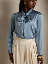 [Grayish Blue] SilkSilky-CA 19Momme Stretch Silk Charmeuse Long Sleeve Tie Neck Blouse 003