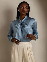 [Grayish Blue] SilkSilky-CA 19Momme Stretch Silk Charmeuse Long Sleeve Tie Neck Blouse 004