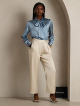 [Grayish Blue] SilkSilky-CA 19Momme Stretch Silk Charmeuse Long Sleeve Tie Neck Blouse 007