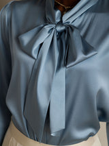 [Grayish Blue] SilkSilky-CA 19Momme Stretch Silk Charmeuse Long Sleeve Tie Neck Blouse 008