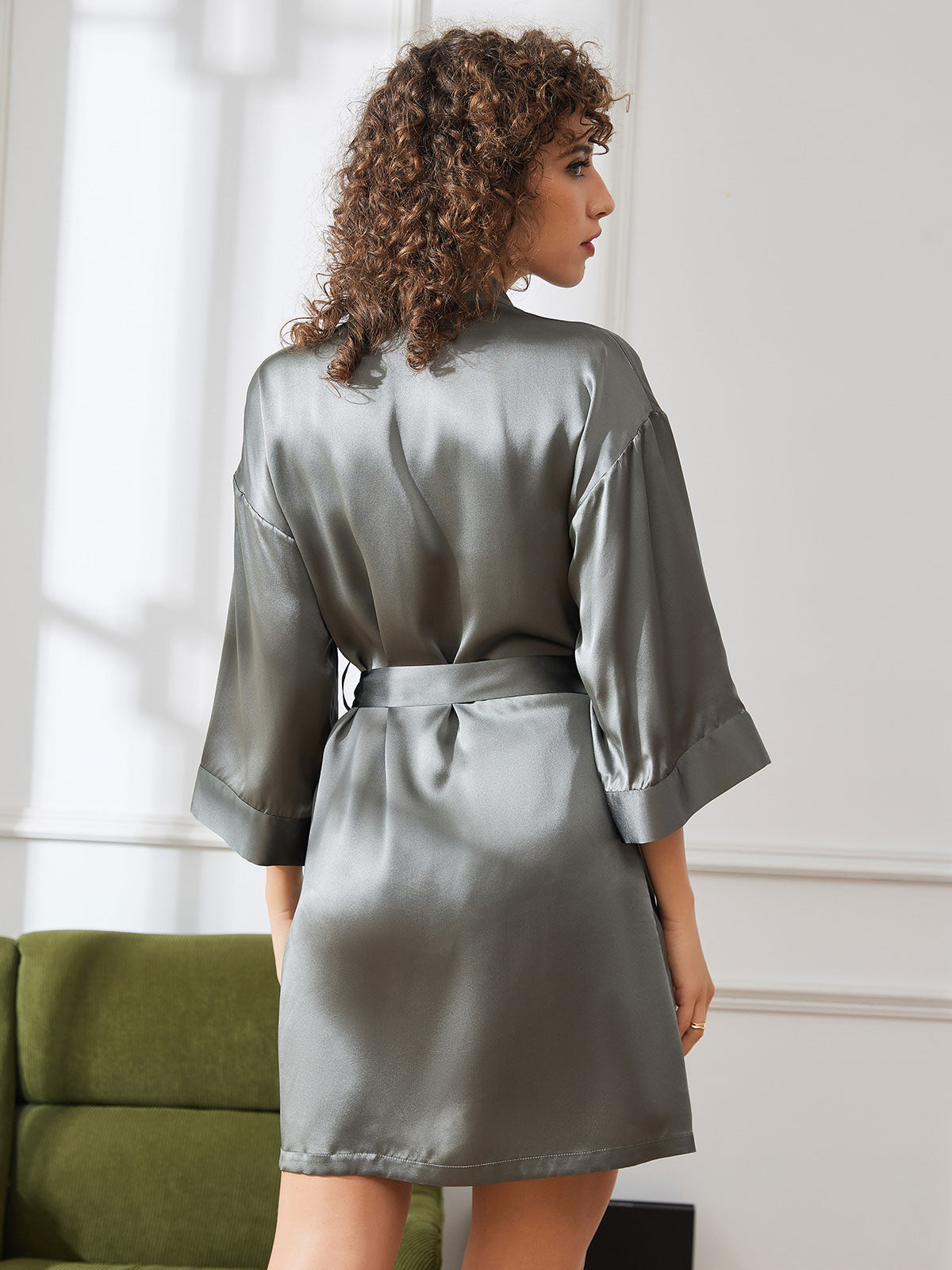 [Grayish Green] SilkSilky-CA Pure Silk Half Sleeve Womens Robe 002
