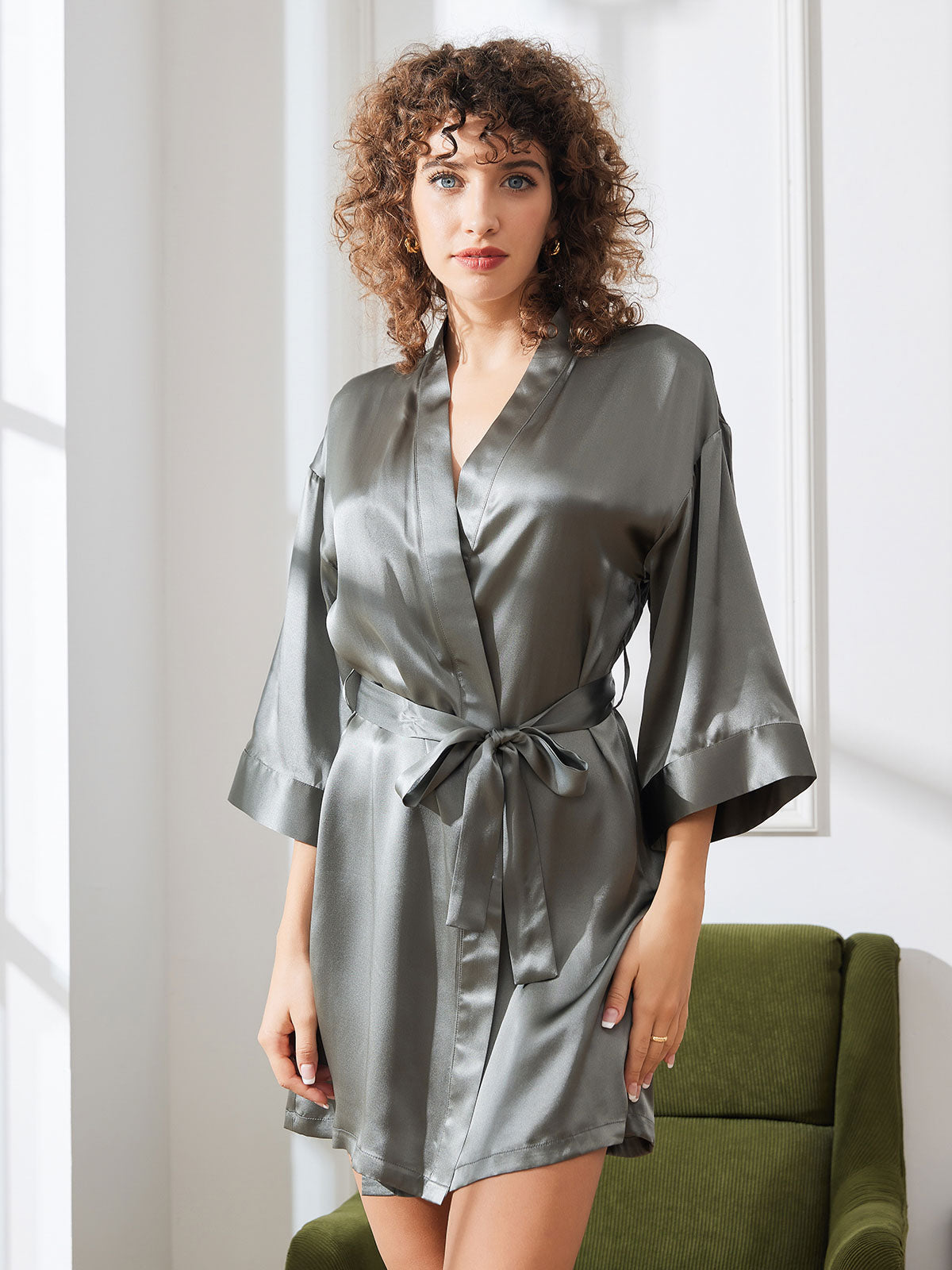 [Grayish Green] SilkSilky-CA Pure Silk Half Sleeve Womens Robe 004