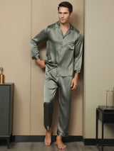 [Grayish Green] SilkSilky-CA Pure Silk Long Sleeve Lapel Men's Pajamas 001