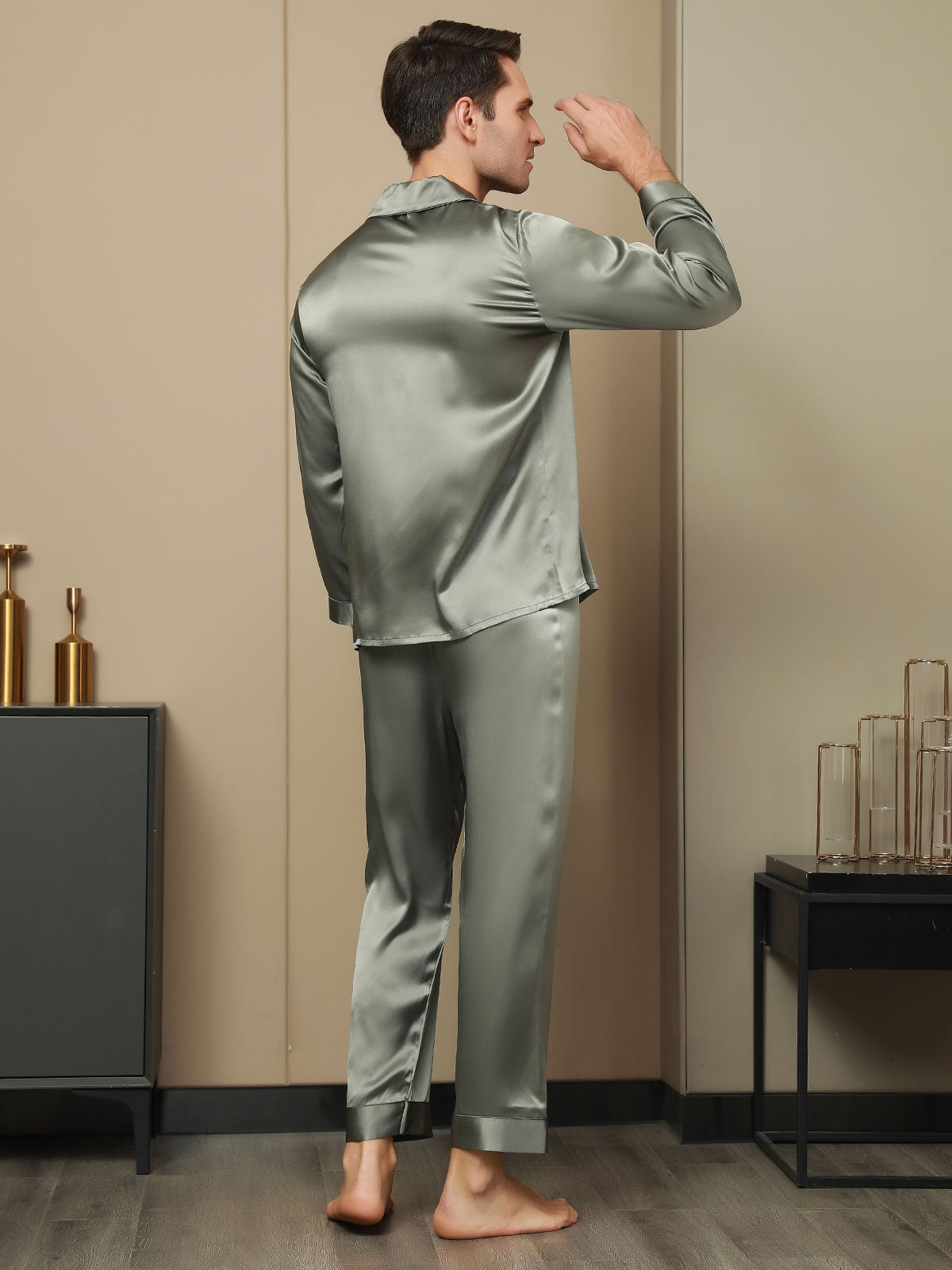 [Grayish Green] SilkSilky-CA Pure Silk Long Sleeve Lapel Men's Pajamas 002