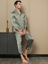 [Grayish Green] SilkSilky-CA Pure Silk Long Sleeve Lapel Men's Pajamas 003