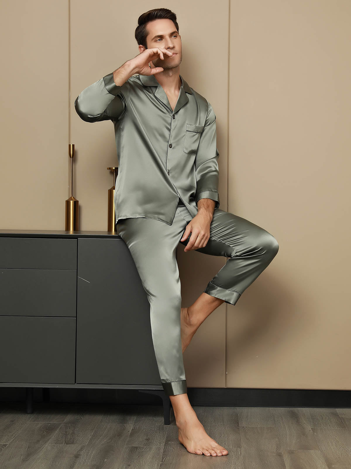 [Grayish Green] SilkSilky-CA Pure Silk Long Sleeve Lapel Men's Pajamas 004