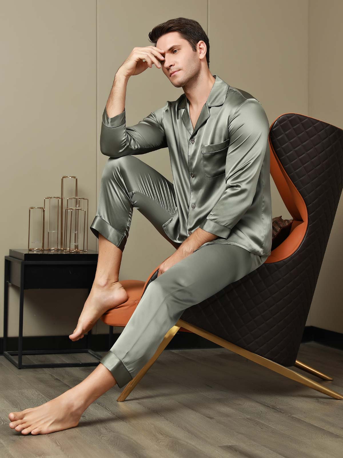 [Grayish Green] SilkSilky-CA Pure Silk Long Sleeve Lapel Men's Pajamas 005