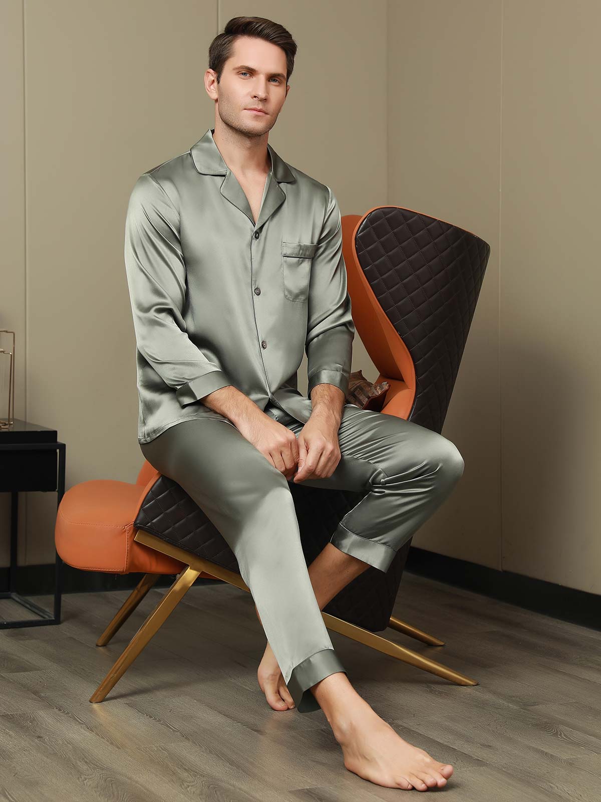 [Grayish Green] SilkSilky-CA Pure Silk Long Sleeve Lapel Men's Pajamas 006