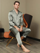 [Grayish Green] SilkSilky-CA Pure Silk Long Sleeve Lapel Men's Pajamas 006