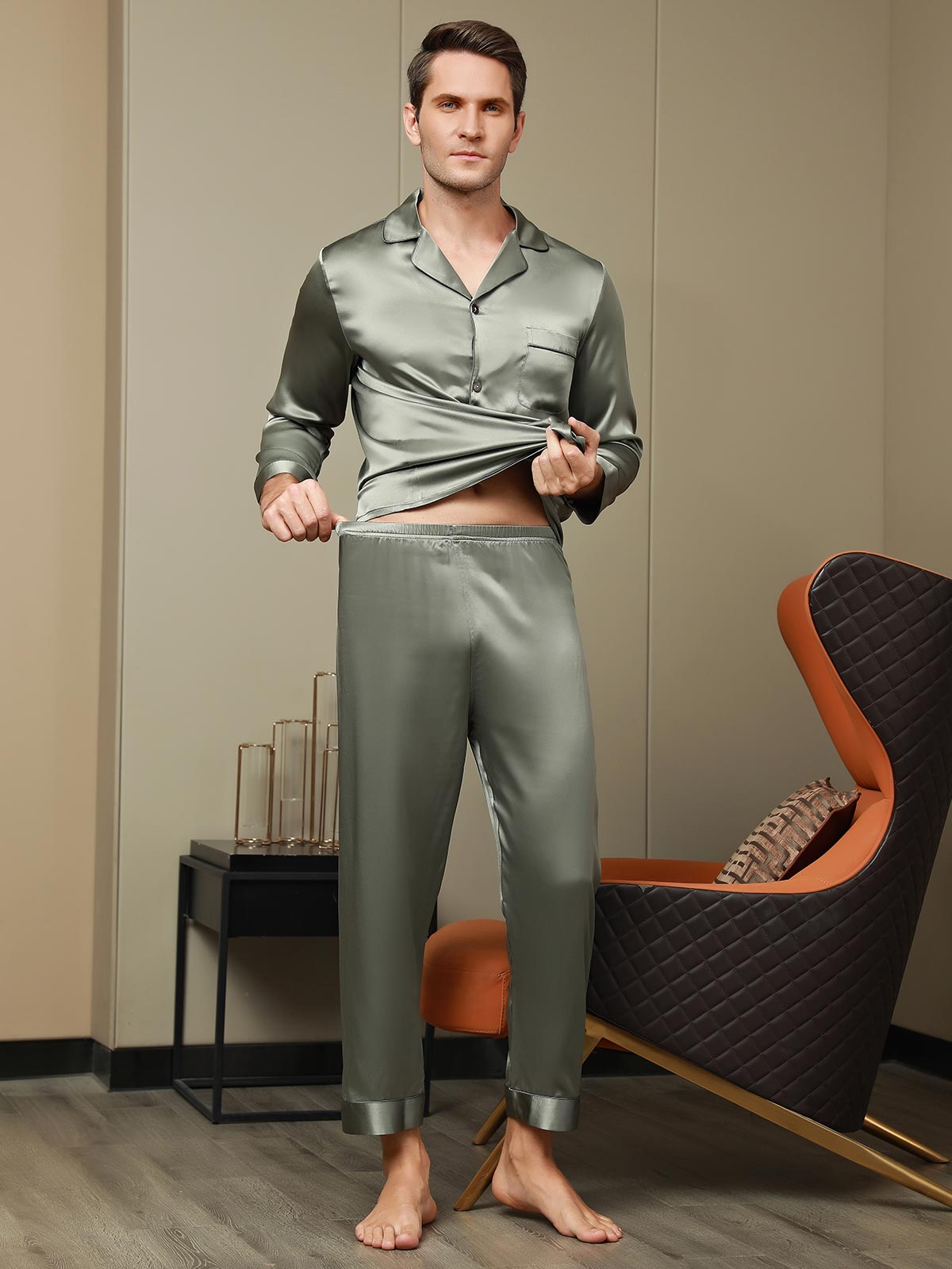 [Grayish Green] SilkSilky-CA Pure Silk Long Sleeve Lapel Men's Pajamas 007