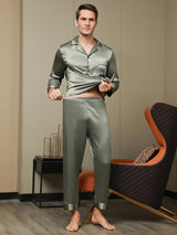 [Grayish Green] SilkSilky-CA Pure Silk Long Sleeve Lapel Men's Pajamas 007