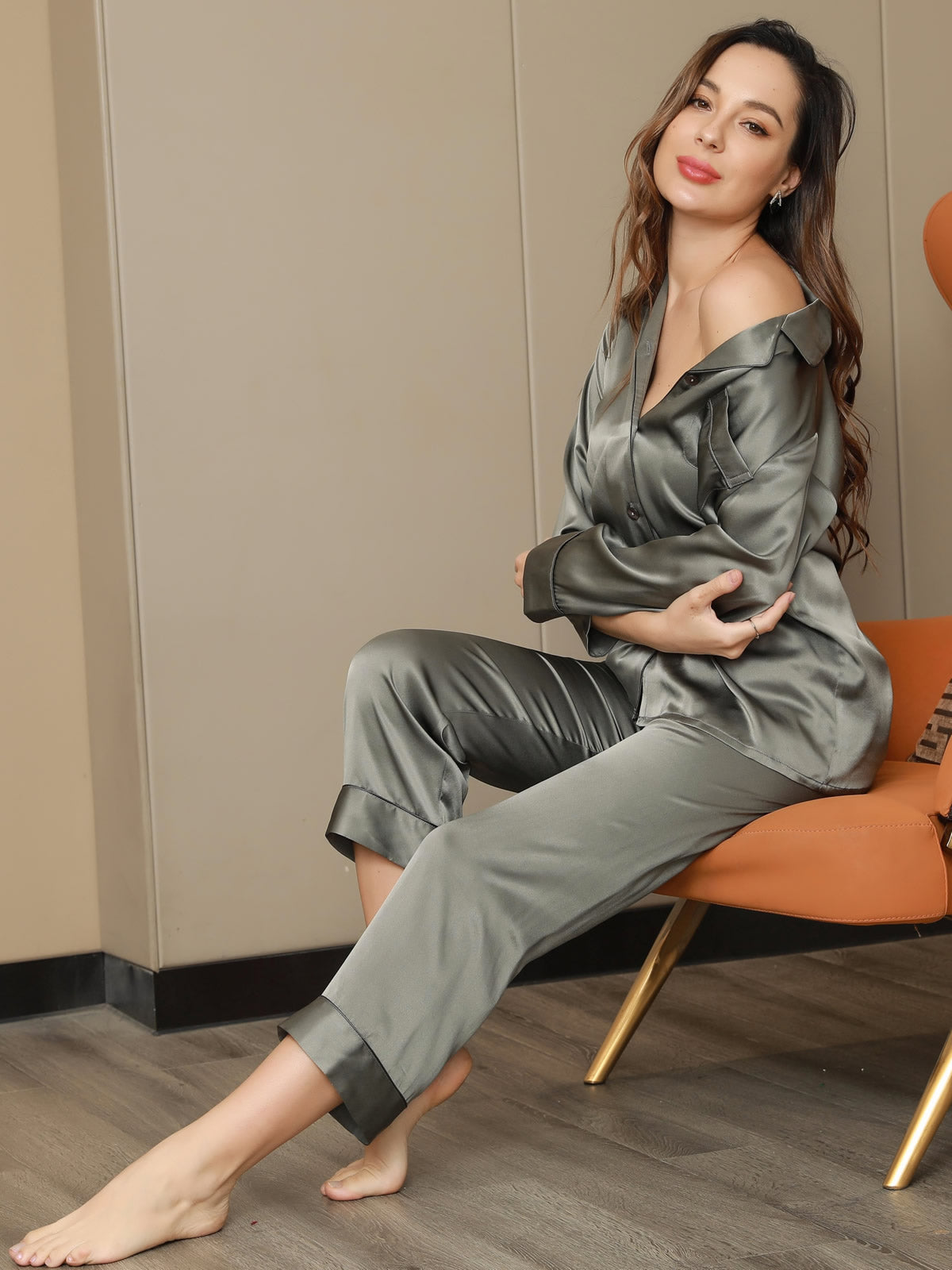 [Grayish Green] SilkSilky-CA Pure Silk Long Sleeve Lapel Women's Pajamas 001