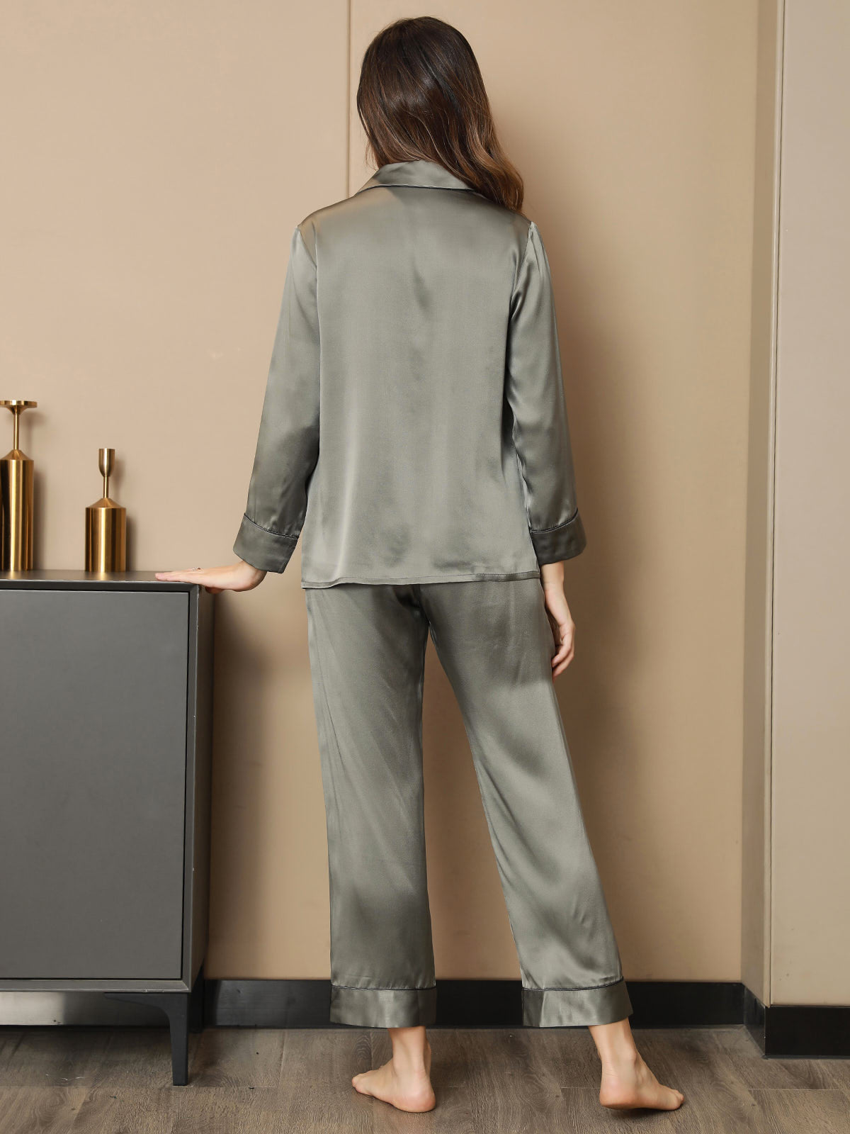 [Grayish Green] SilkSilky-CA Pure Silk Long Sleeve Lapel Women's Pajamas 002