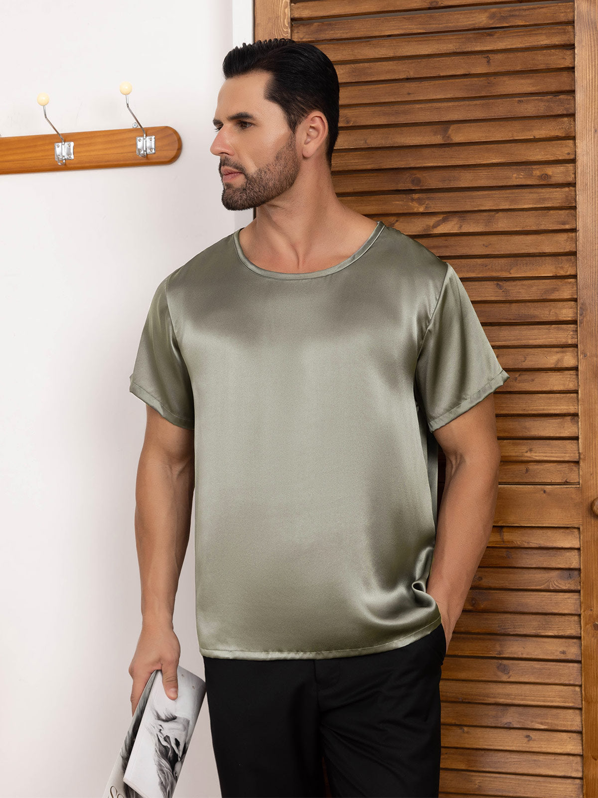 [Grayish Green] SilkSilky-CA Pure Silk Short Sleeve Round Neck Men's T-Shirt 001