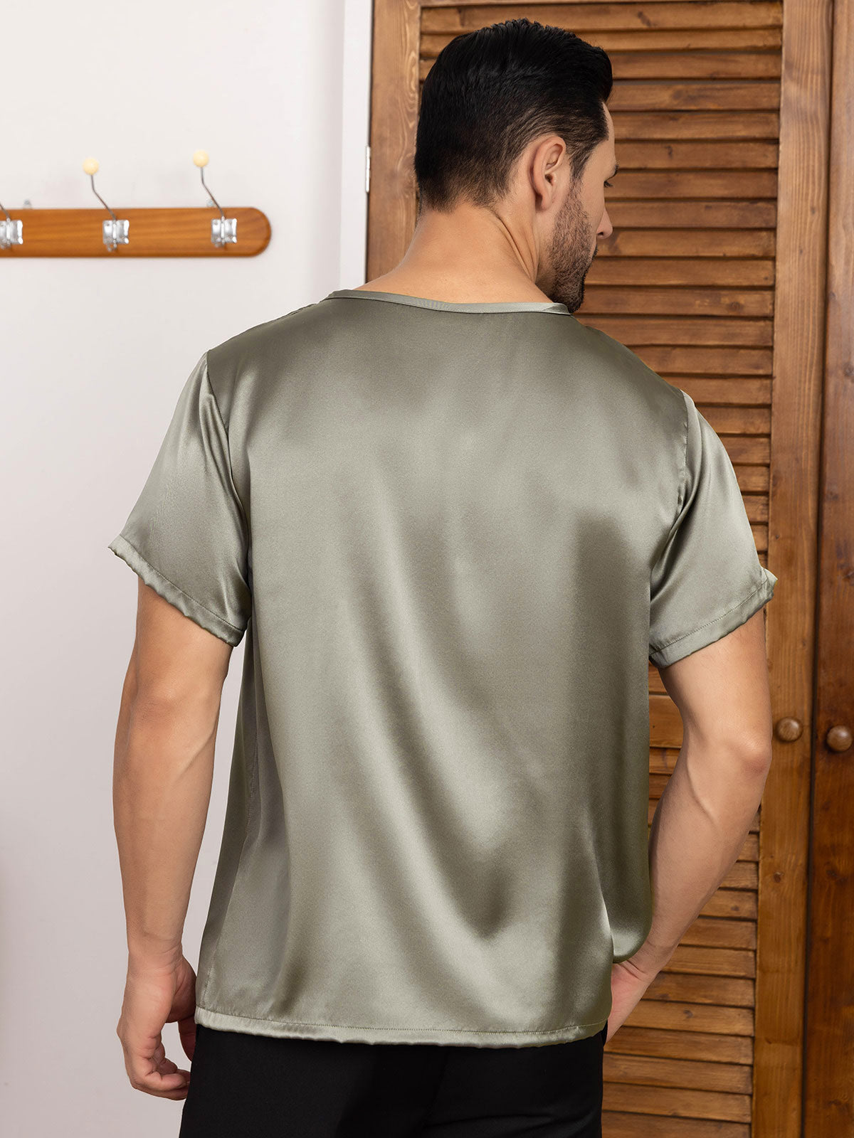 [Grayish Green] SilkSilky-CA Pure Silk Short Sleeve Round Neck Men's T-Shirt 002