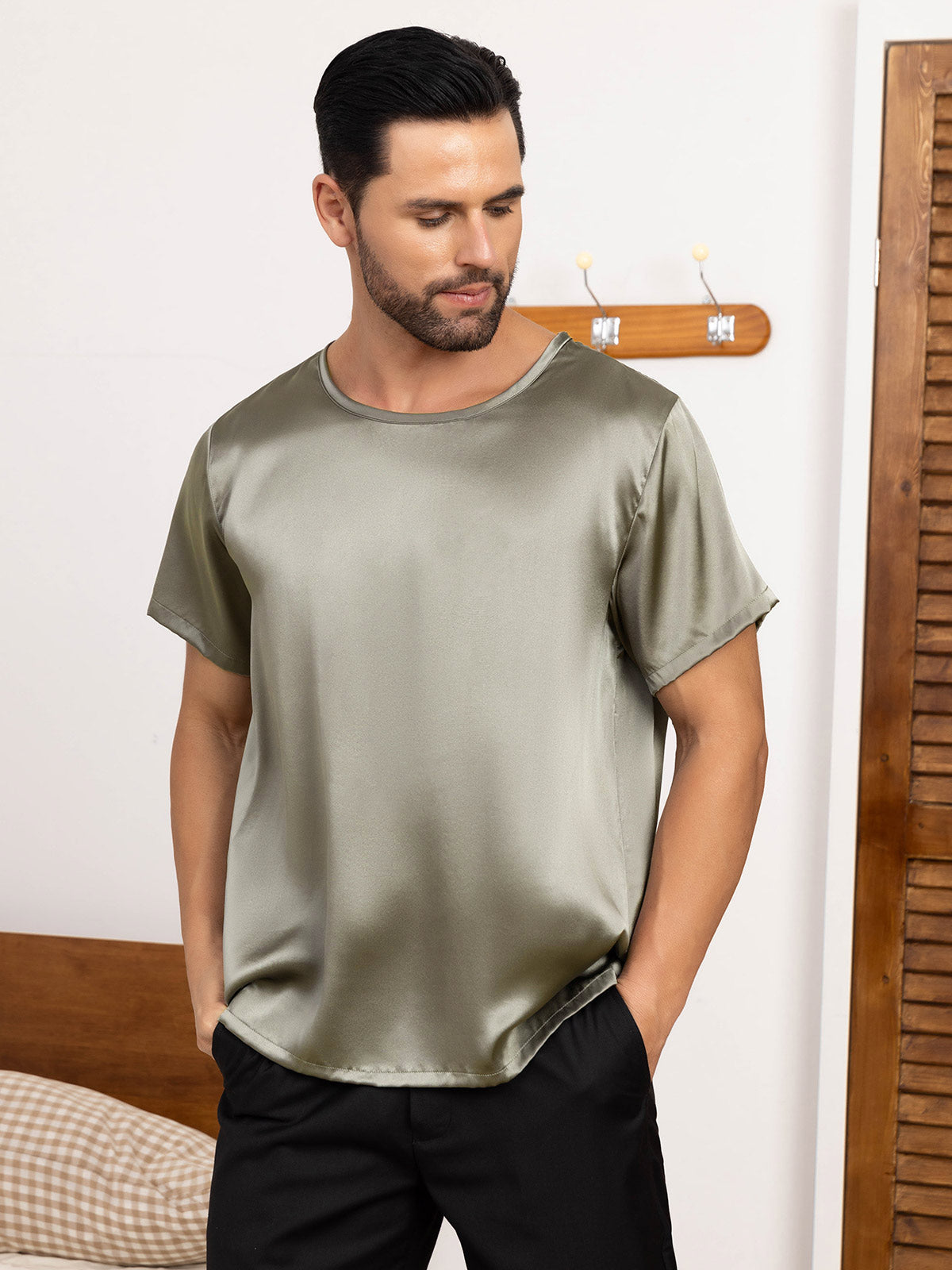 [Grayish Green] SilkSilky-CA Pure Silk Short Sleeve Round Neck Men's T-Shirt 004