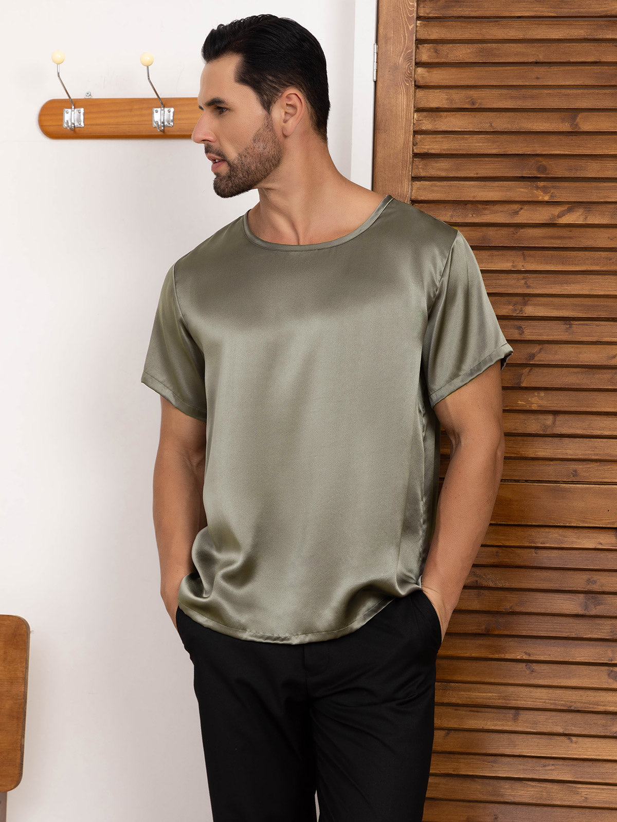 [Grayish Green] SilkSilky-CA Pure Silk Short Sleeve Round Neck Men's T-Shirt 005