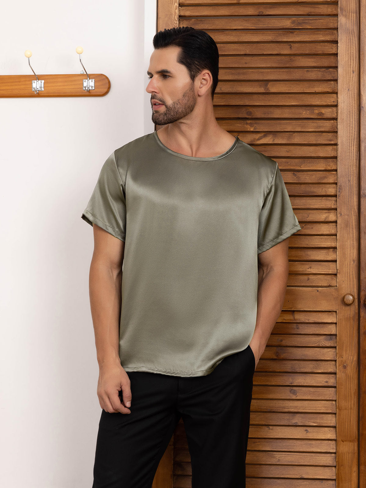 [Grayish Green] SilkSilky-CA Pure Silk Short Sleeve Round Neck Men's T-Shirt 006