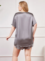 [Grayish Green] SilkSilky-CA Pure Silk Short Sleeve Round Neck Plus Size Pajamas 002