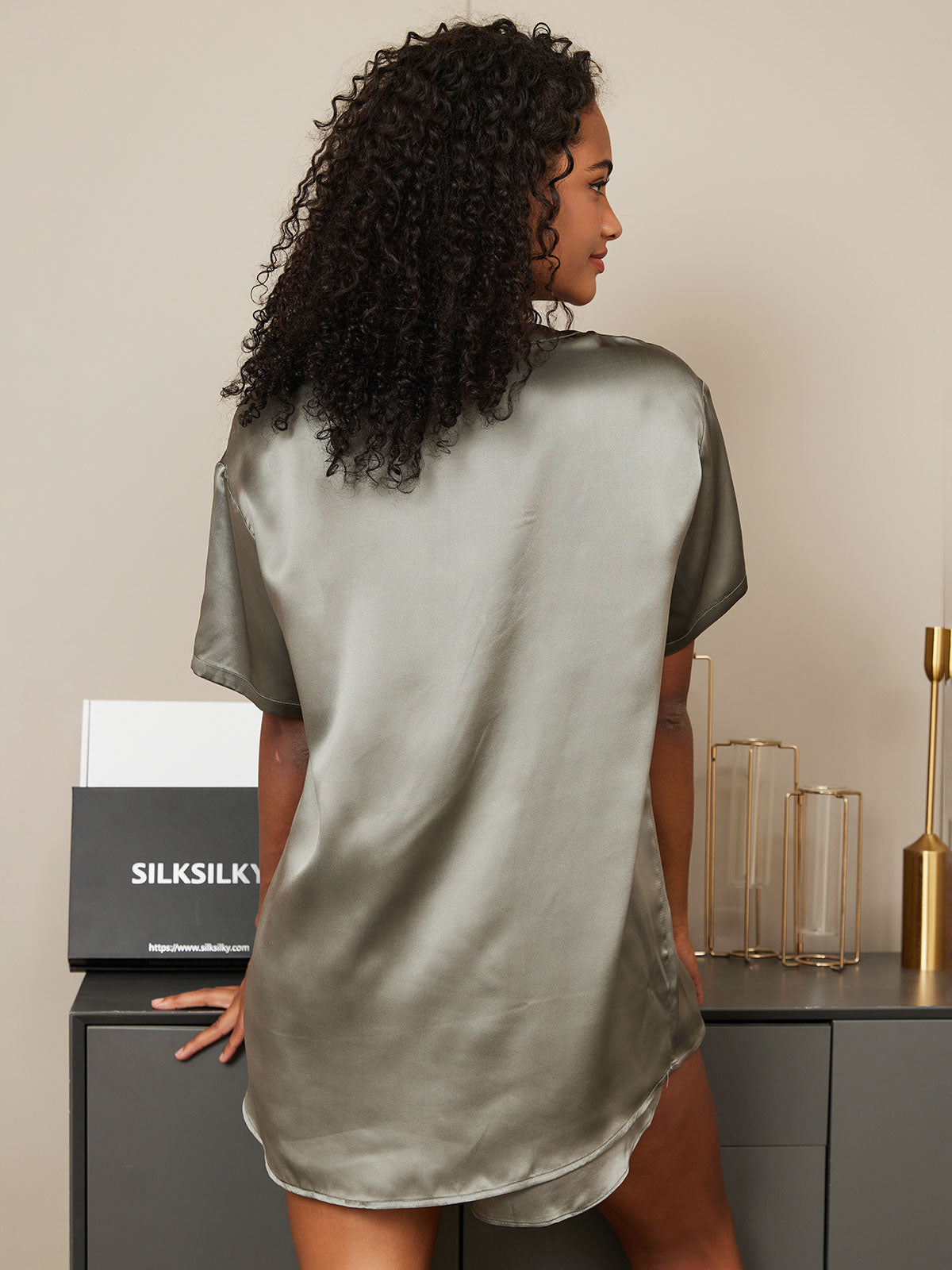 [Grayish Green] SilkSilky-CA Short Sleeve Round Neck Women's Pajamas 002