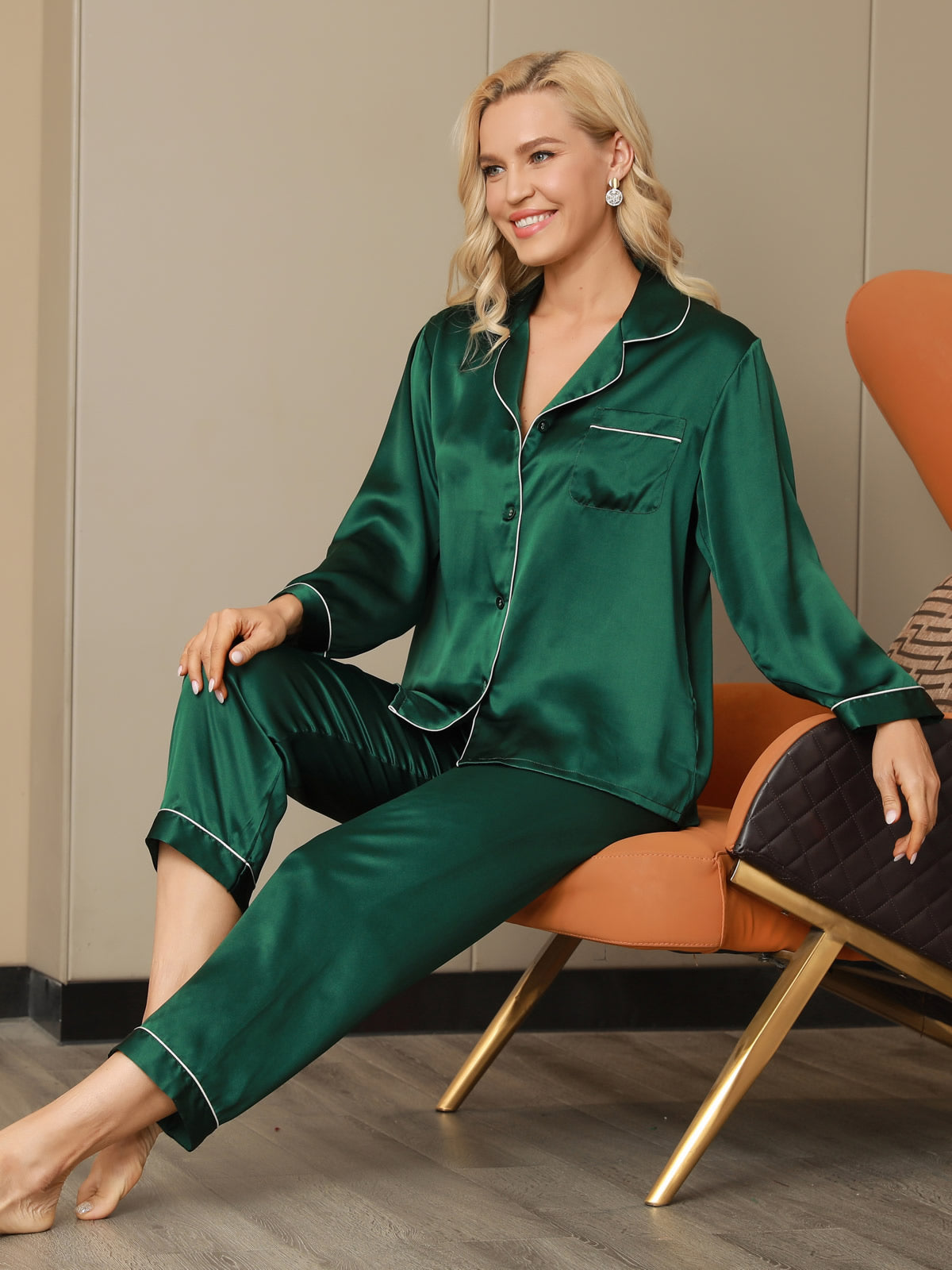 [Green] SilkSilky-CA Pure Silk Long Sleeve Lapel Women's Pajamas 001