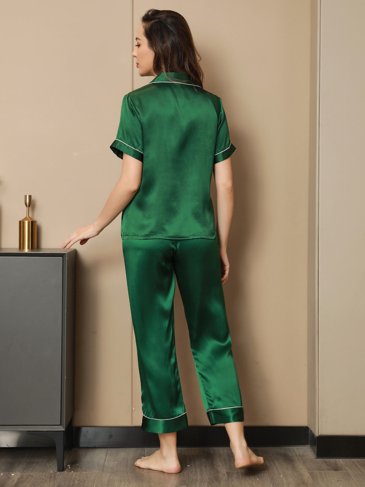 [Green] SilkSilky-CA Pure Silk Short Sleeve Lapel Women's Pajamas 002
