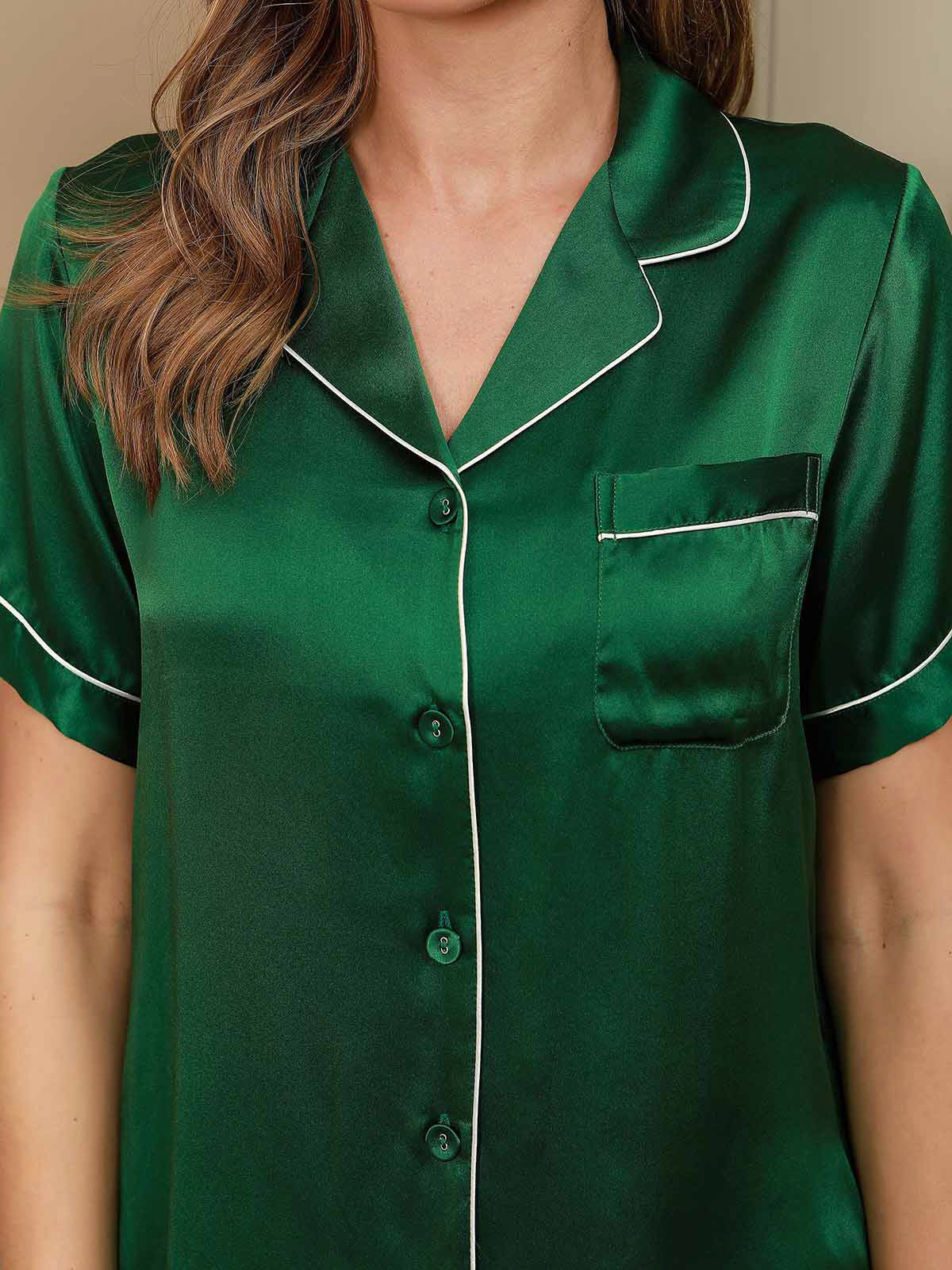 [Green] SilkSilky-CA Pure Silk Short Sleeve Lapel Women's Pajamas 004