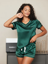 [Green] SilkSilky-CA Pure Silk Short Sleeve V Neck Women's Pajamas 002
