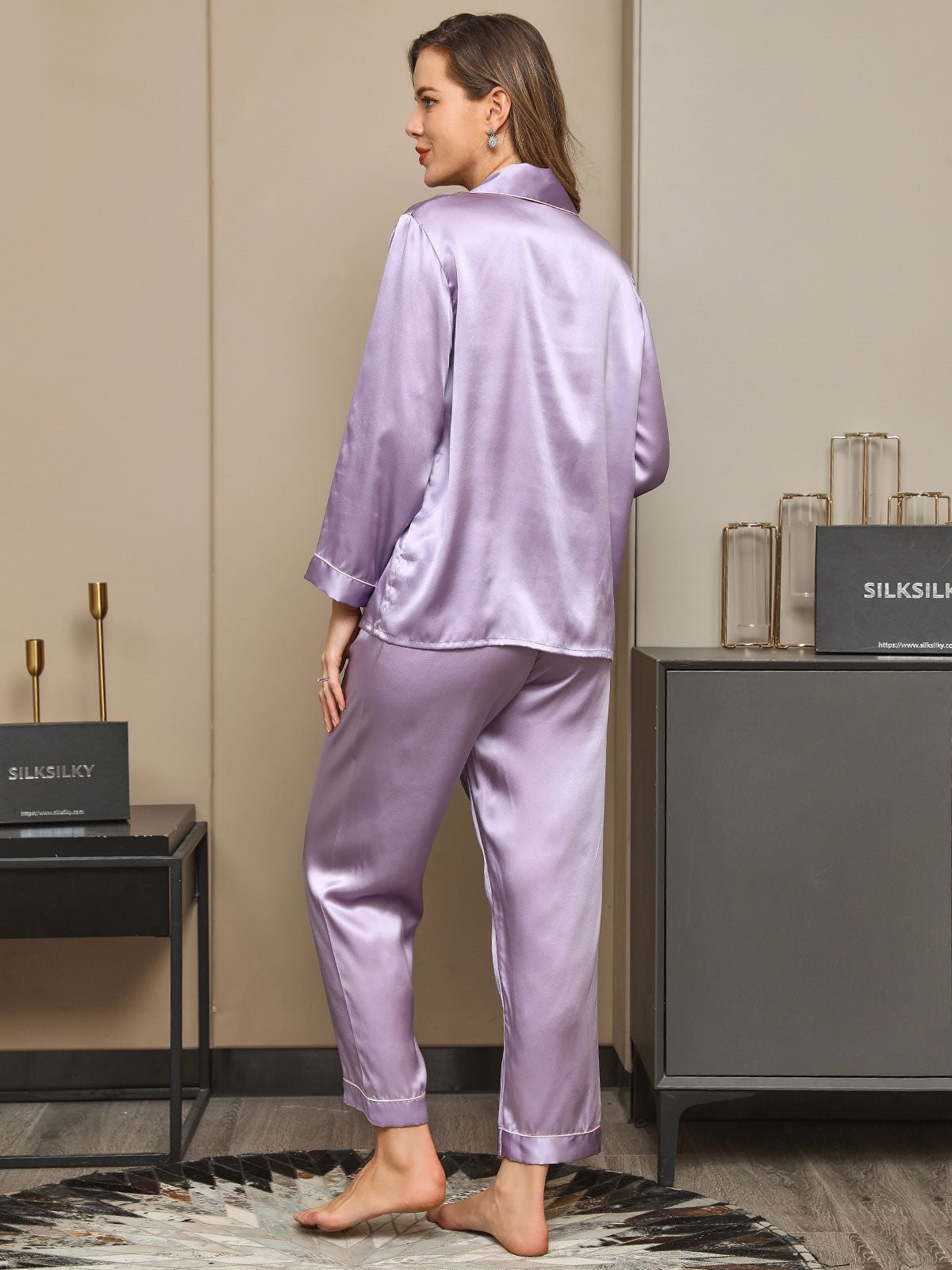 [Lavender] SilkSilky-CA Long Sleeve Lapel Women's Pajamas 002