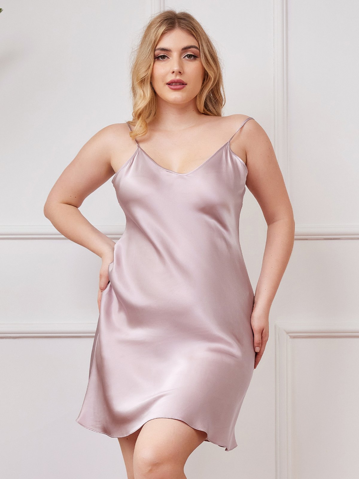 [Lavender] SilkSilky-CA Pure Silk Deep V Neck Plus Size Dress 001