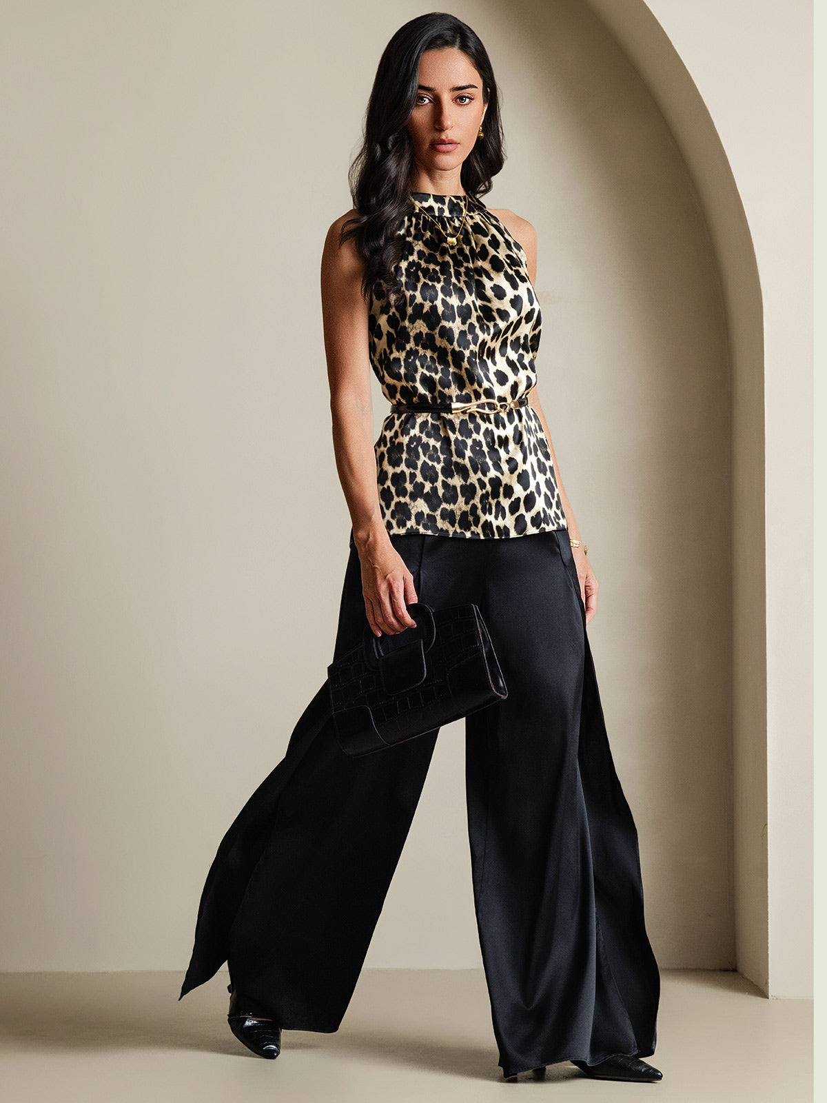 [Leopard] SilkSilky-CA 19Momme Silk Sleeveless Womens T-Shirt 001