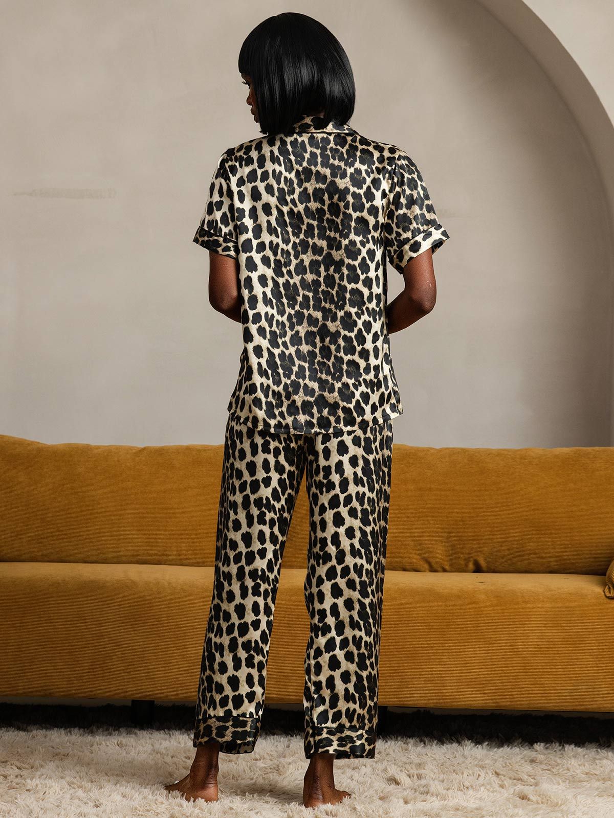 [Leopard] SilkSilky-CA Pure Silk Short Sleeve Lapel Women's Pajamas 002