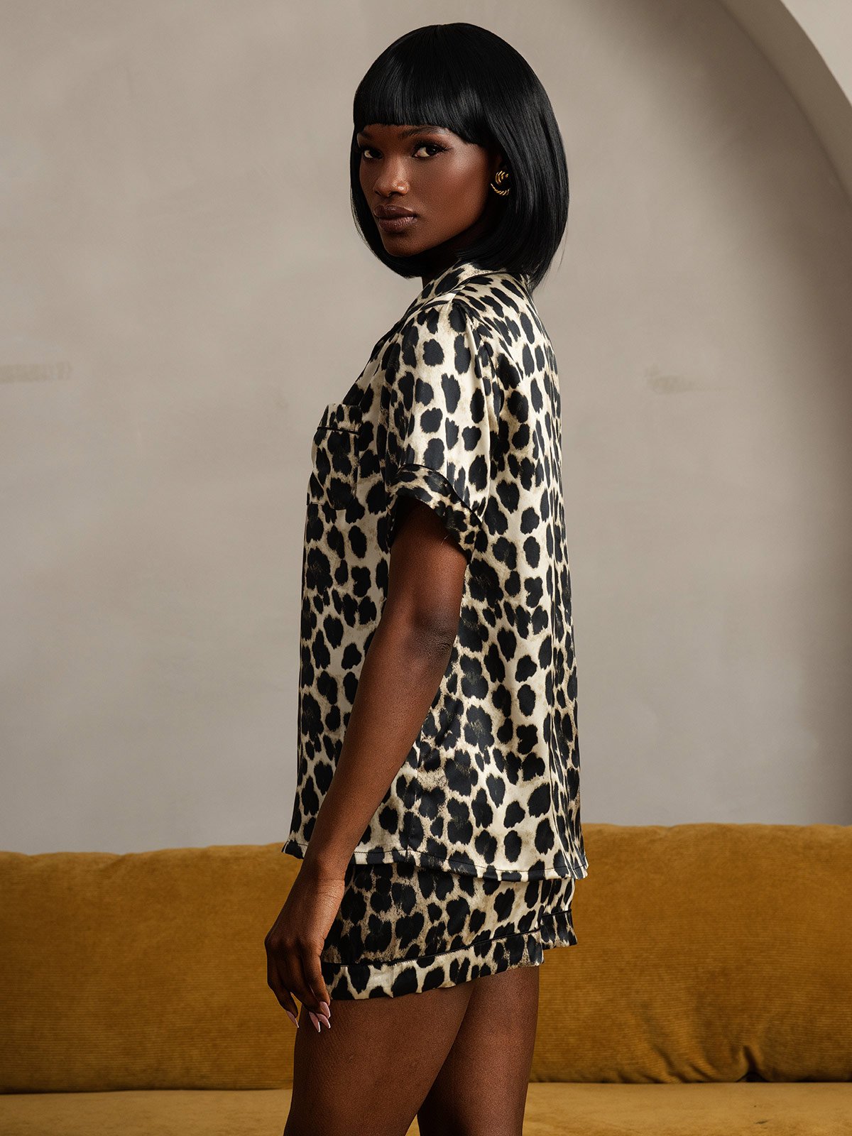 [Leopard] SilkSilky-CA Pure Silk Short Sleeve Lapel Women's Pajamas 005