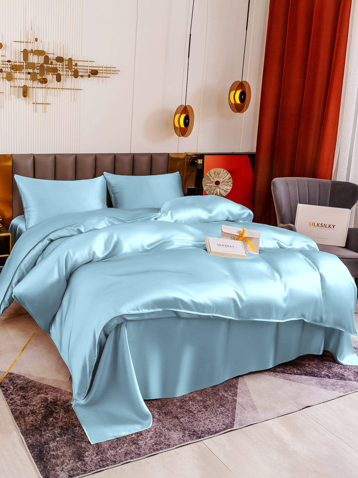 [Light Blue] SilkSilky-CA 19Momme Pure Silk Bedding Set 001