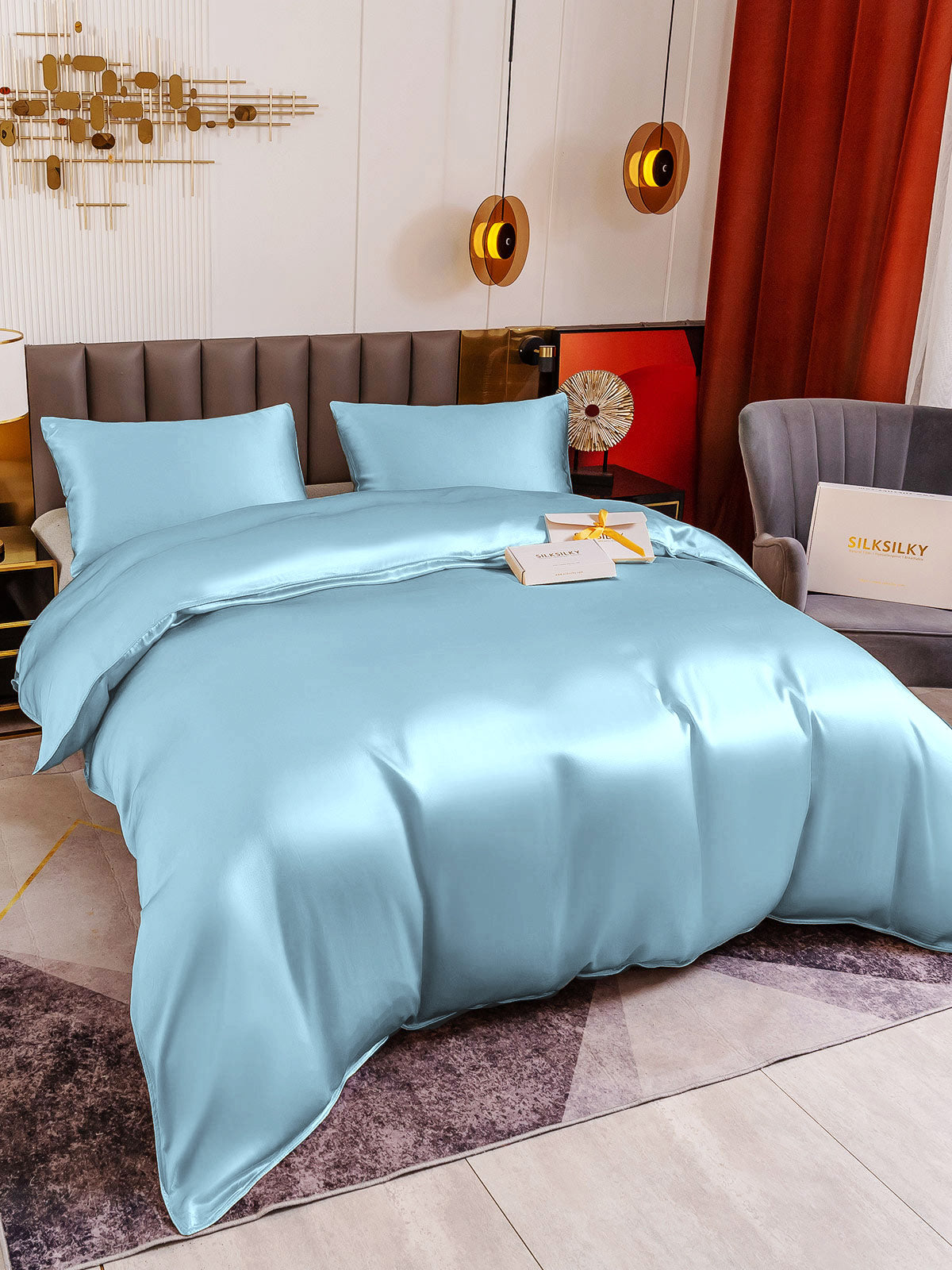 [Light Blue] SilkSilky-CA 19Momme Pure Silk Bedding Set 003
