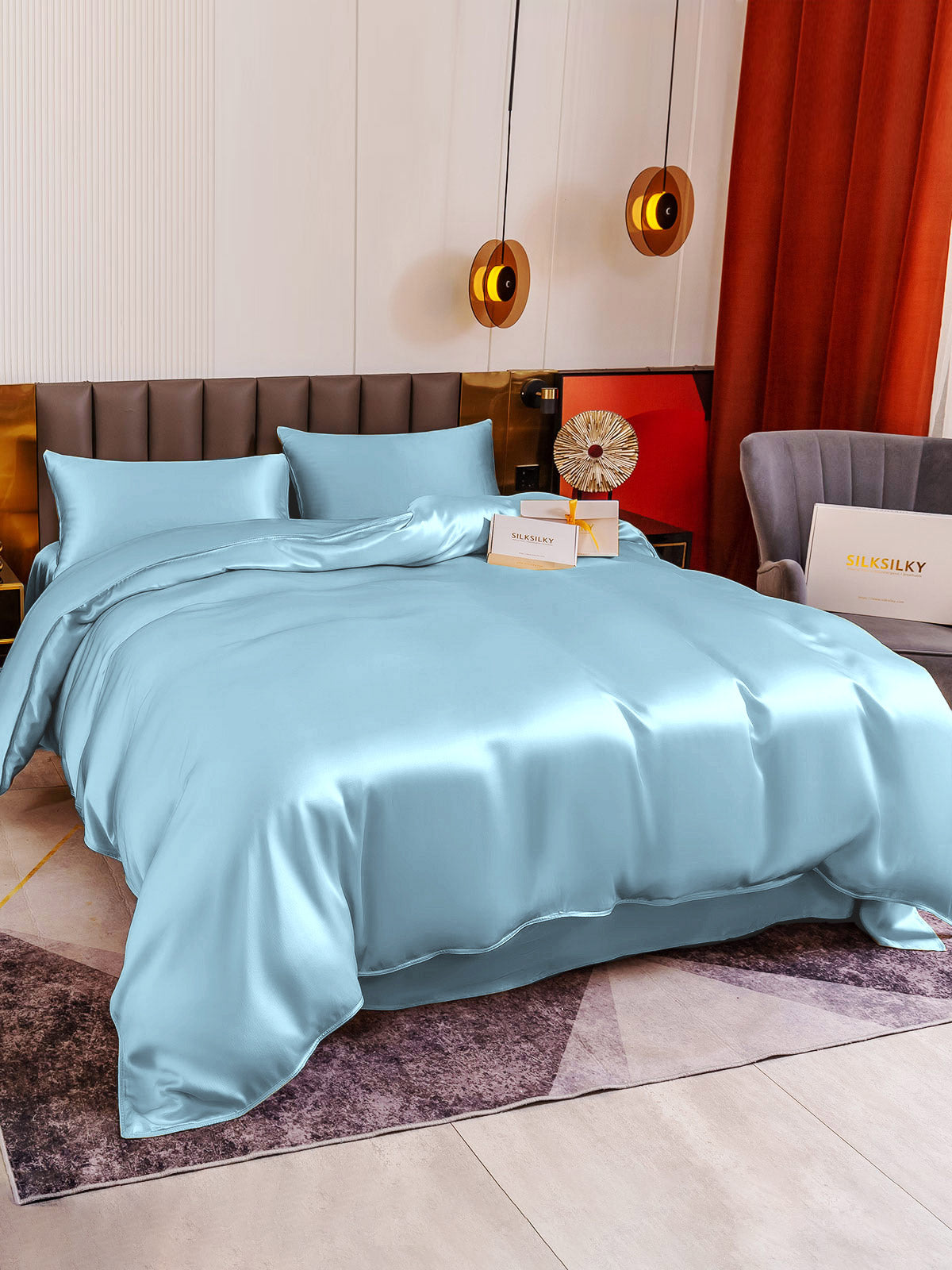 [Light Blue] SilkSilky-CA 19Momme Pure Silk Bedding Set 004
