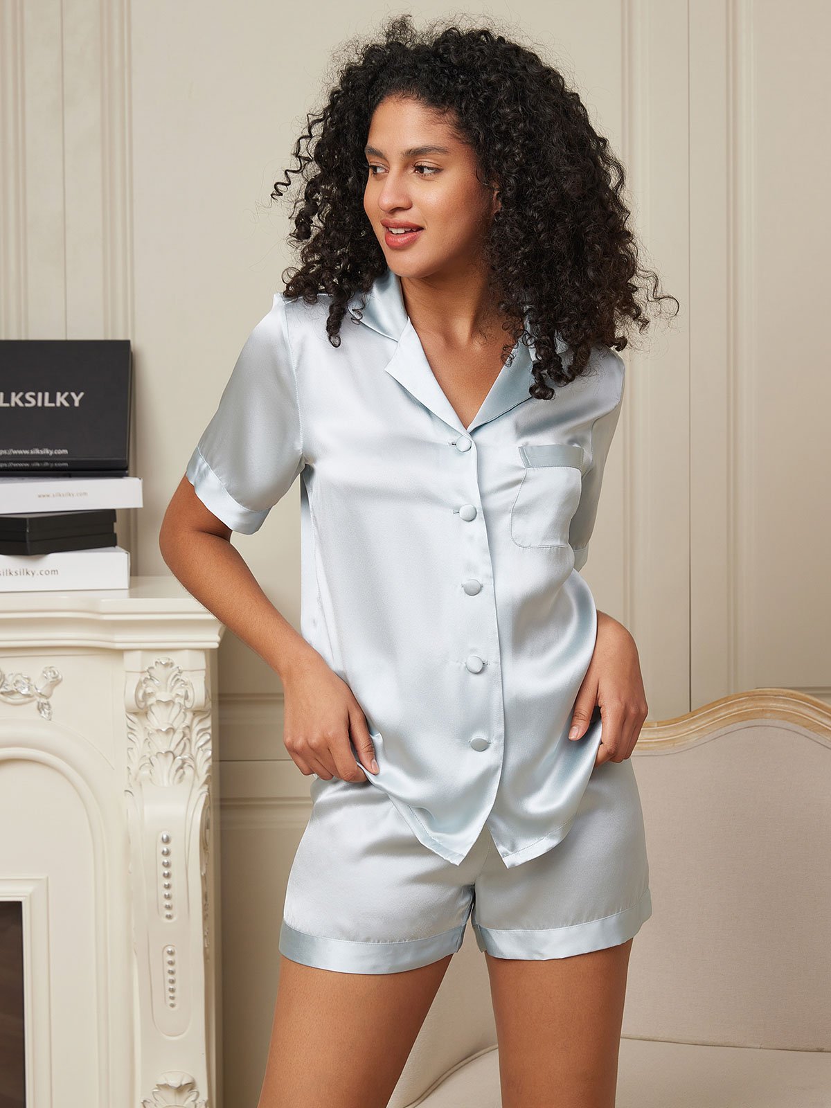 [Light Blue] SilkSilky-CA Pure Silk Short Sleeve Womens Pajamas 003