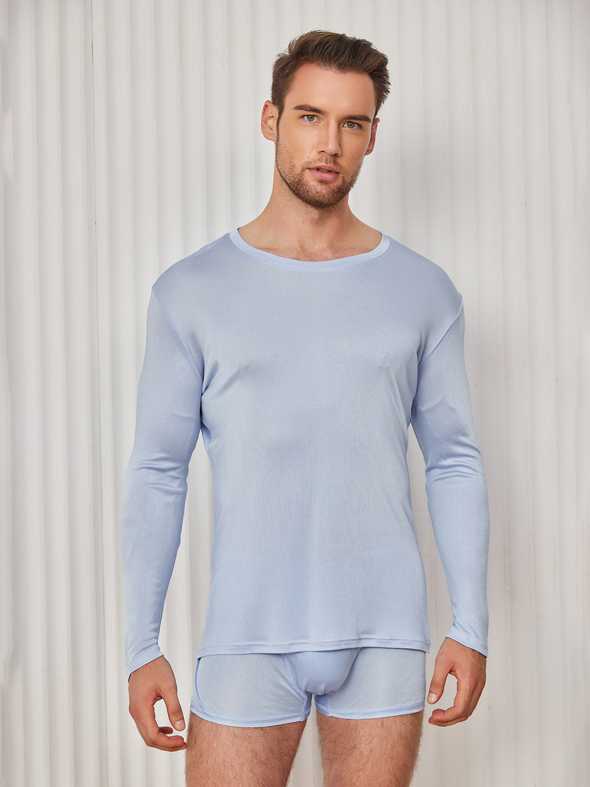 [Light Blue] SilkSilky-CA Silk Knitted Long Sleeve Round Neck Men's T-Shirt 001