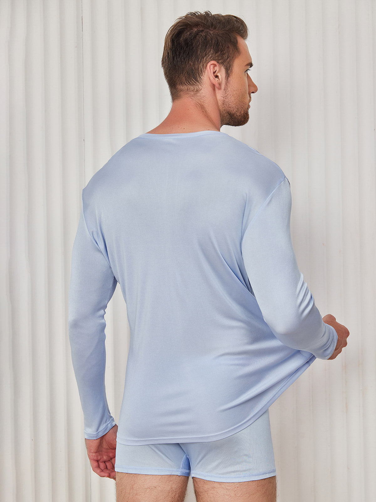 [Light Blue] SilkSilky-CA Silk Knitted Long Sleeve Round Neck Men's T-Shirt 002