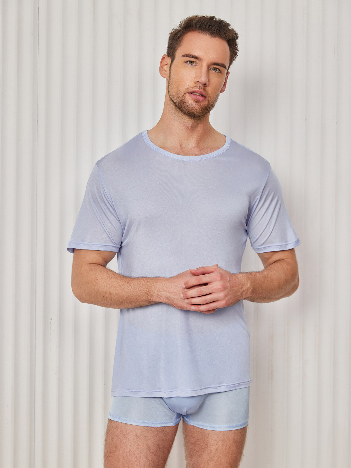 [Light Blue] SilkSilky-CA Silk Knitted Short Sleeve Round Neck Men's T-Shirt 001