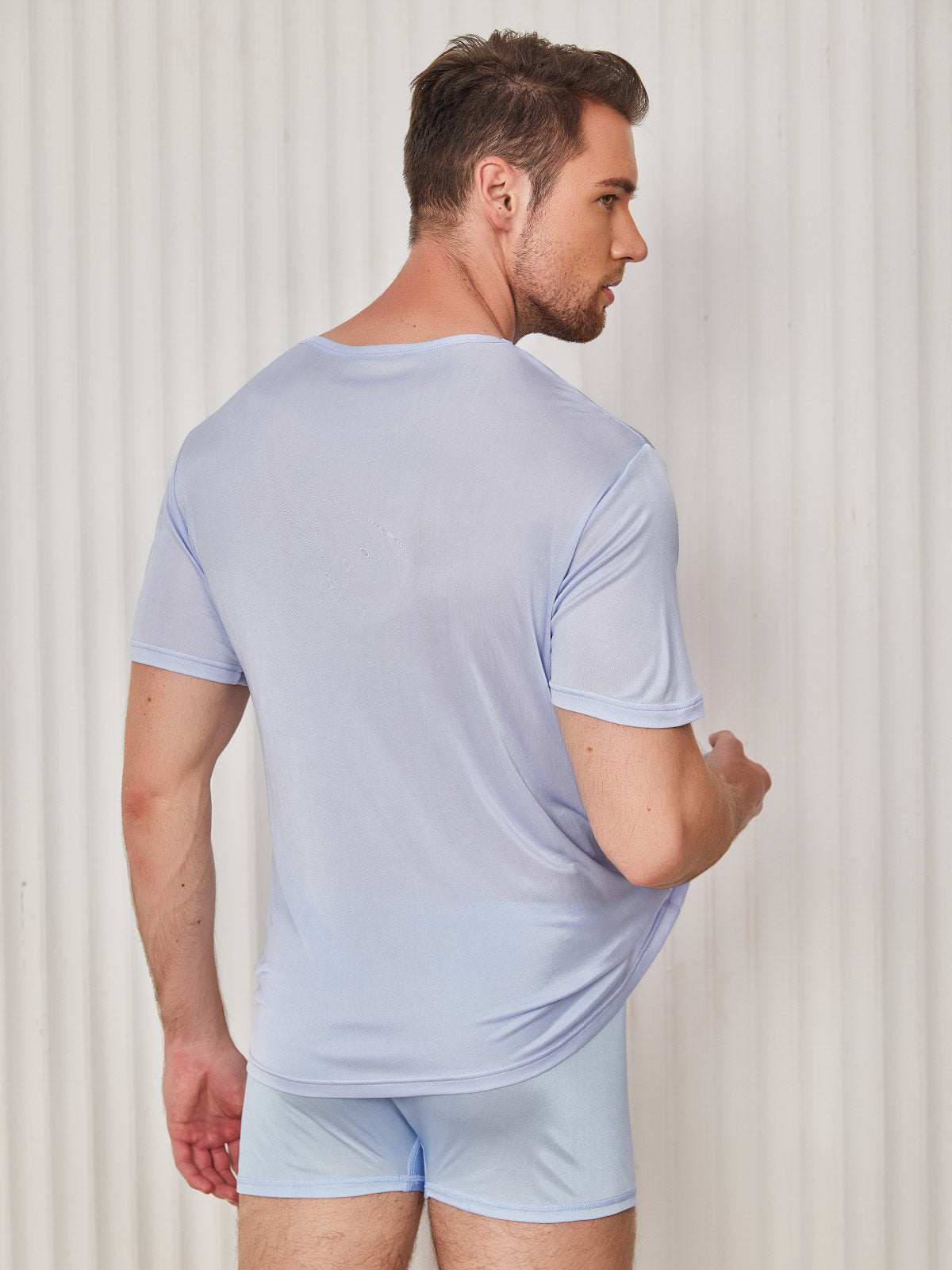[Light Blue] SilkSilky-CA Silk Knitted Short Sleeve Round Neck Men's T-Shirt 002