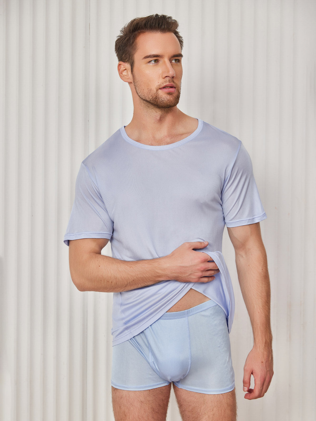 [Light Blue] SilkSilky-CA Silk Knitted Short Sleeve Round Neck Men's T-Shirt 004