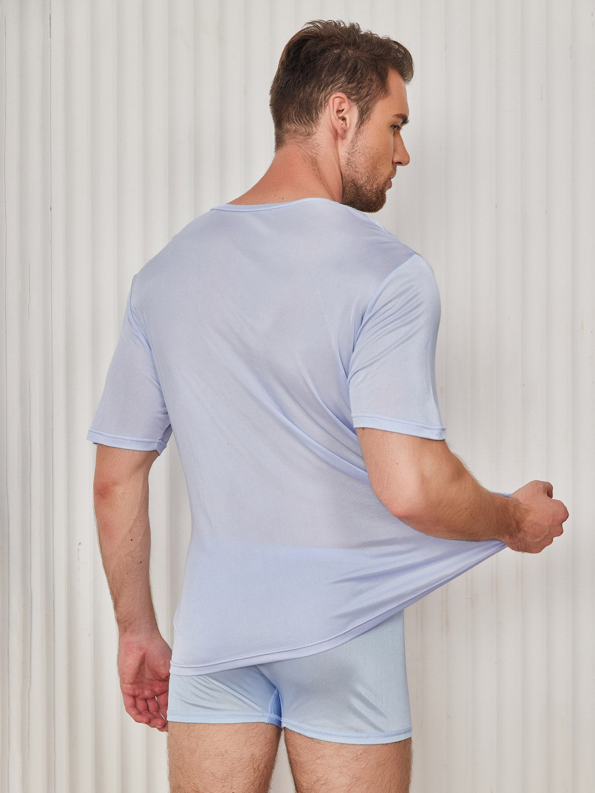 [Light Blue] SilkSilky-CA Silk Knitted Short Sleeve V Neck Men's T-Shirt 002
