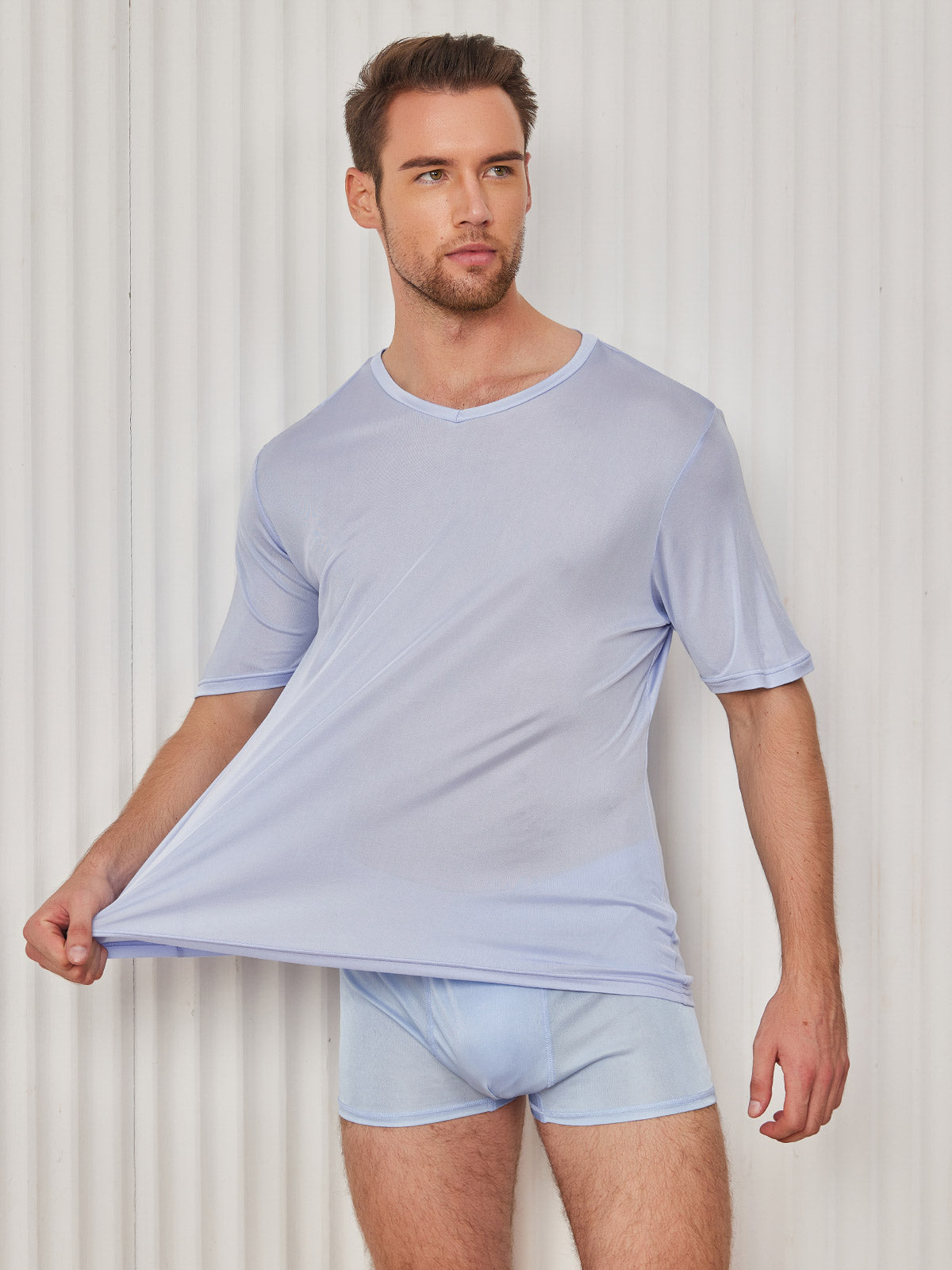 [Light Blue] SilkSilky-CA Silk Knitted Short Sleeve V Neck Men's T-Shirt 004
