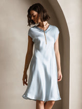 [Light Blue] SilkSilky-CA Cap Sleeve V Neck Dress 004
