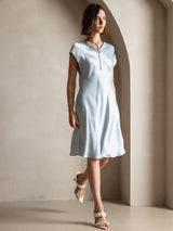 [Light Blue] SilkSilky-CA Cap Sleeve V Neck Dress 006