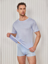 [Light Blue] SilkSilky-CA 100% Silk Jersey Short Sleeve Crew Neck Men's T-Shirt 003